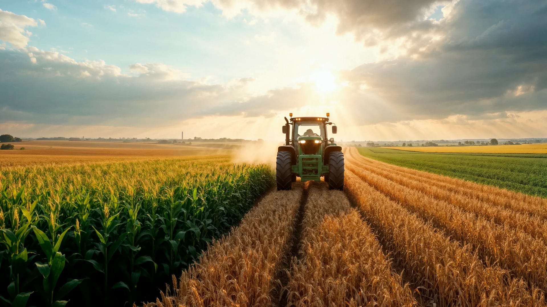 Trator trabalhando em plantação ao pôr do sol - Seguro rural e agrícola
